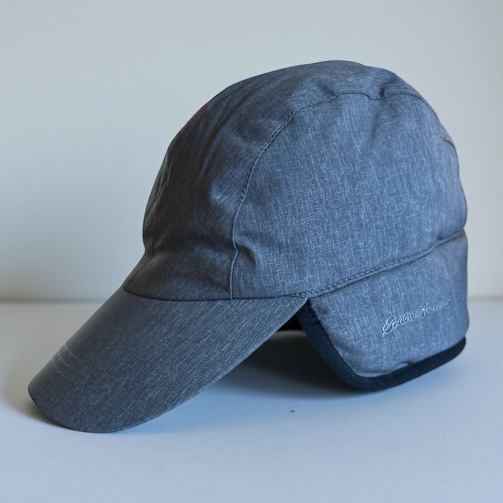 Eddie Bauer Black Gray Down Baseball Hat with Fleece Earflaps S/M